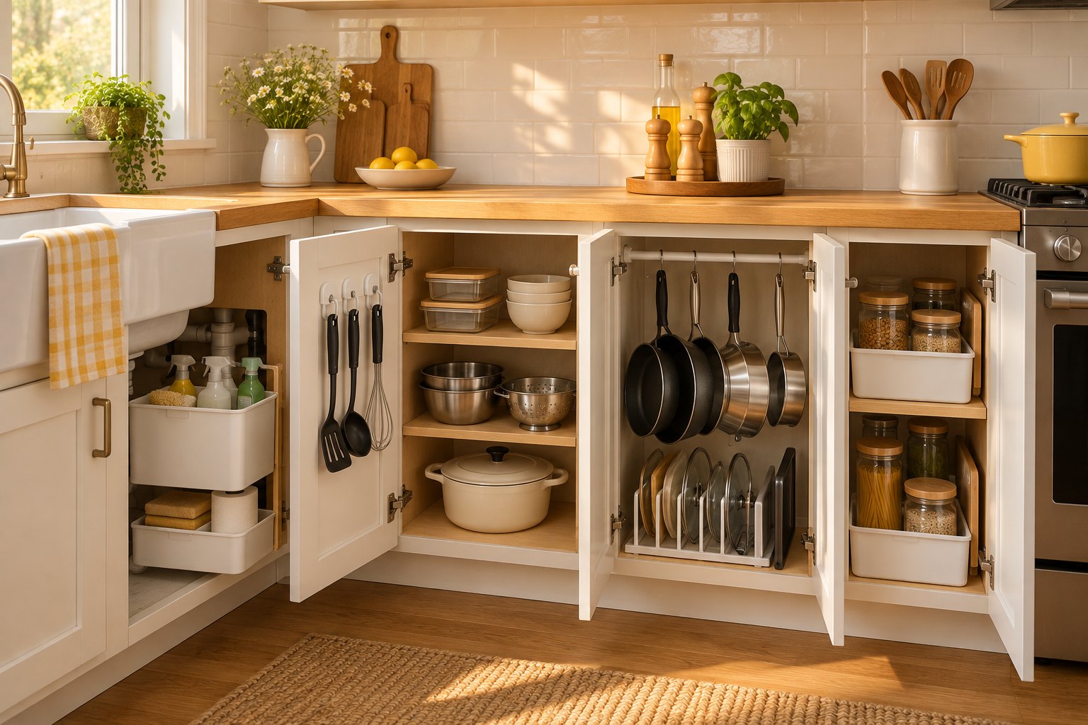 Renter Friendly Storage Ideas for Small Kitchen with Four Cabinets
