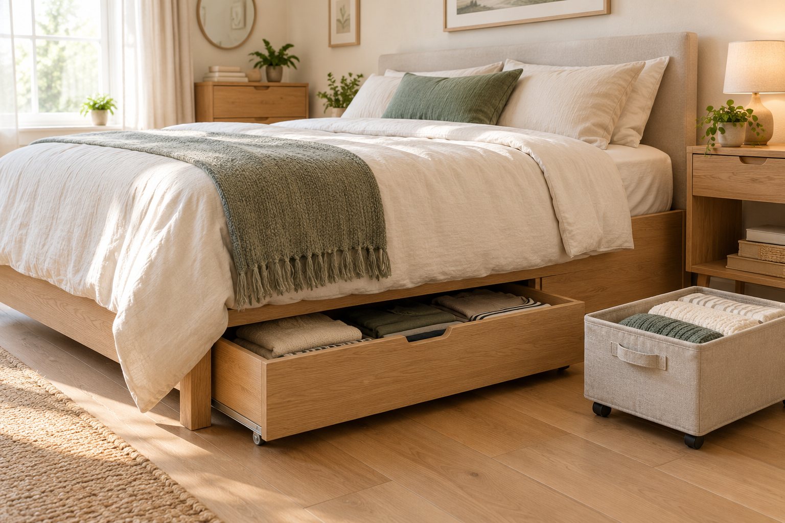 Small Bedroom Storage Ideas: DIY Pull-Out Drawers and Rolling Bins Under a Queen Bed